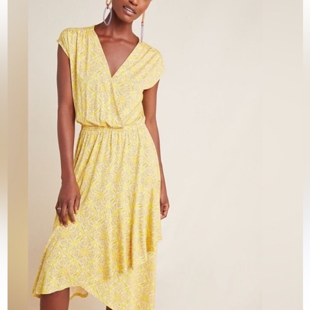 Anthropologie Maeve Yellow Printed Faux Wrap Midi Dress